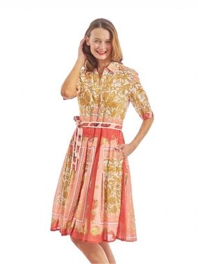 Dizzy Lizzie || Mrs. Maisel Scroll Print Belted Shirt Dress Peach Gold Medium
